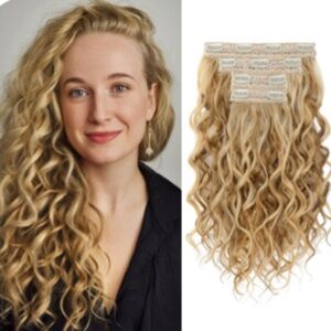 REECHO Curly Hair Extensions 16” Clip Extensions, Dark Blonde with Highlights